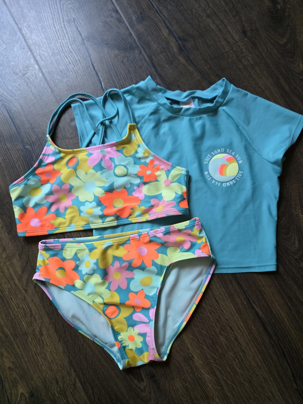 Girls Floral Three-Piece Swimsuit Set with Teal Rash Guard